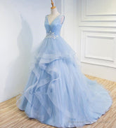 Blue Prom Dresses V-neck Ball Gown Sweep Train Party Dress, Sweet 16 Gown